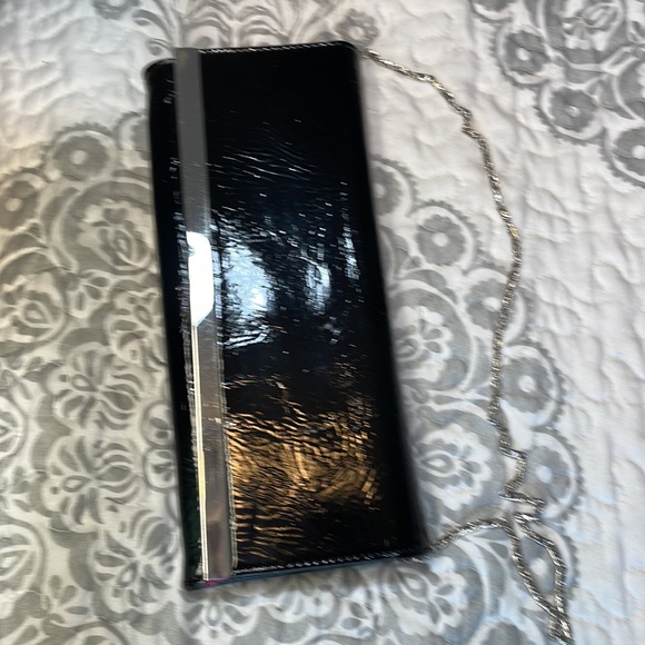 Vegan clutch black patent, like chrome, trim, pink satin interior - Picture 4 of 14